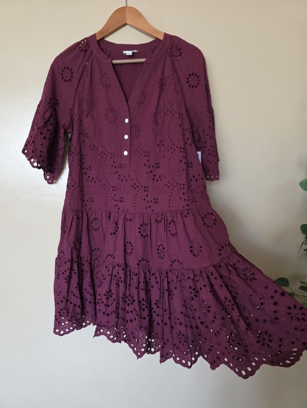 Eyelet Embroidered Cotton Cottagecore Mini Dress PS Burgundy Boho Tiered Peasant